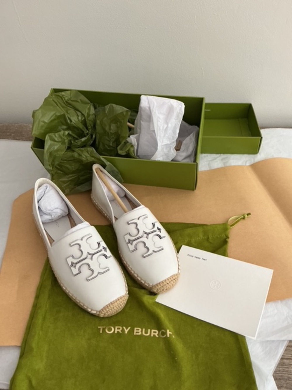 Tory Burch "Ines" smooth leather espadrille loafers with double T logo, Size 7.5